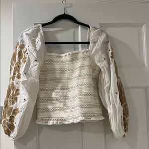 Anthropologie White Blouse with Tan Embroidered Sleeves